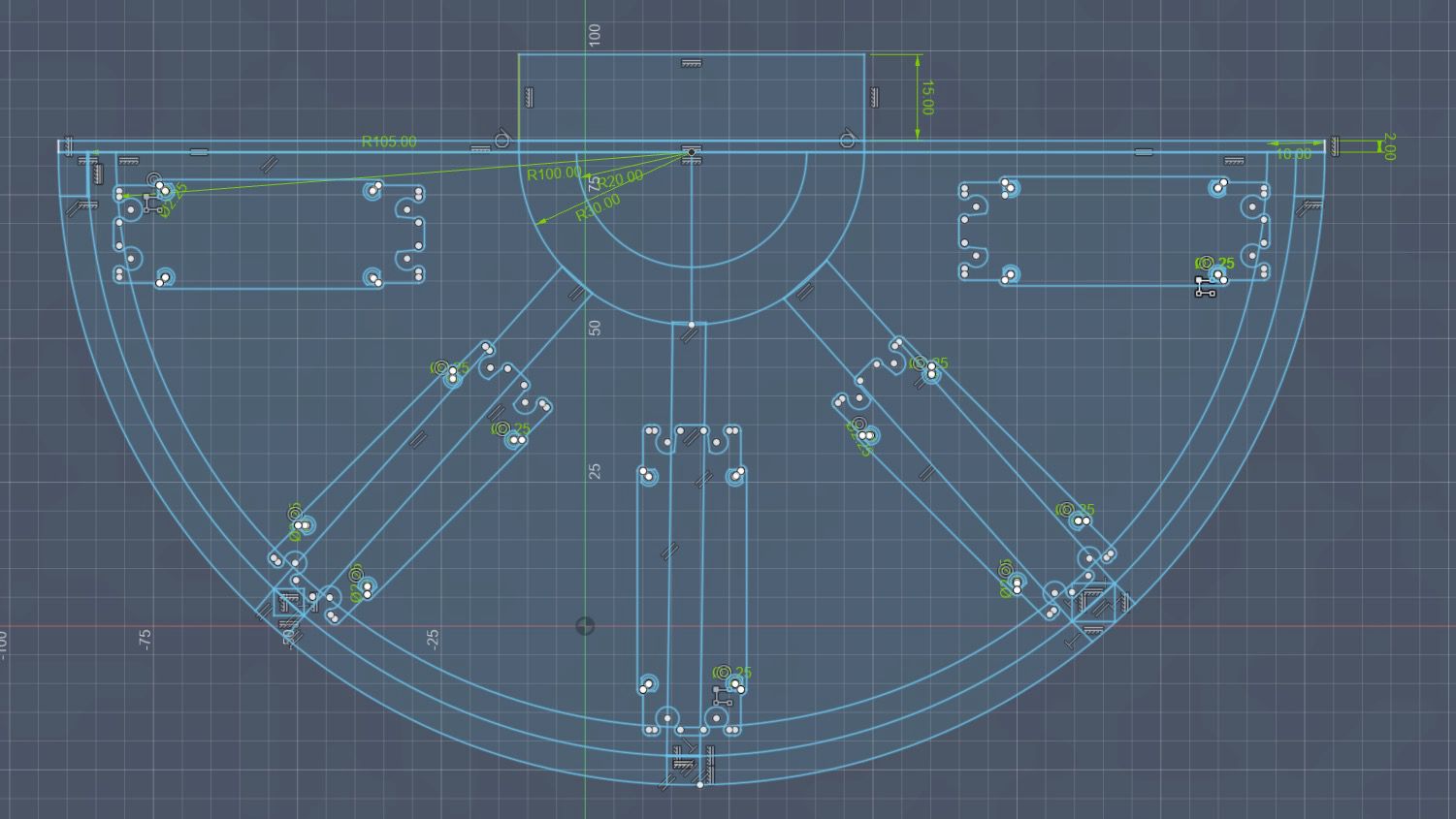 Parametric CAD sketch of a finger joint with angles