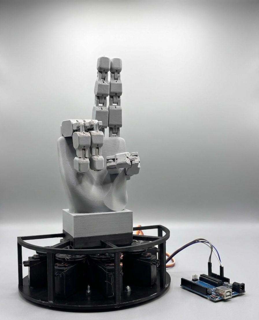 The Claw, the finished 3D-printed bionic hand, mounted on its servo base
