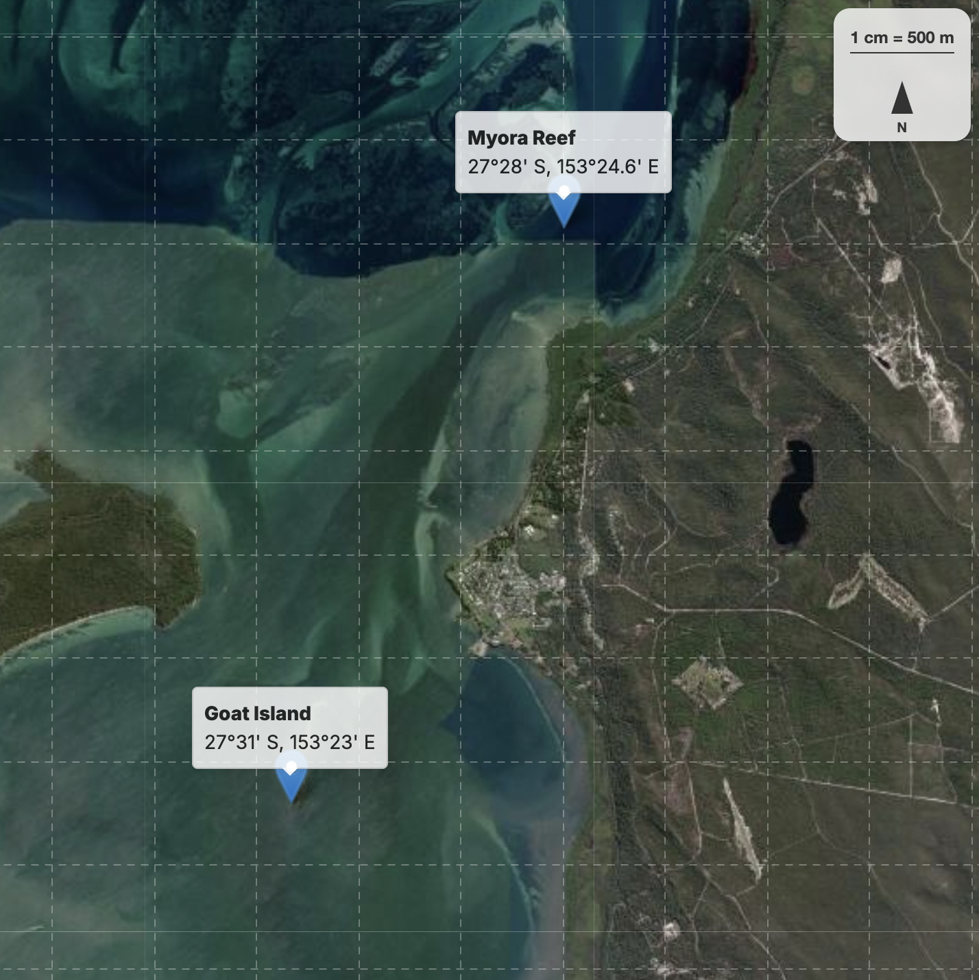 Satellite map of Moreton Bay showing Myora Reef and Goat Island study sites